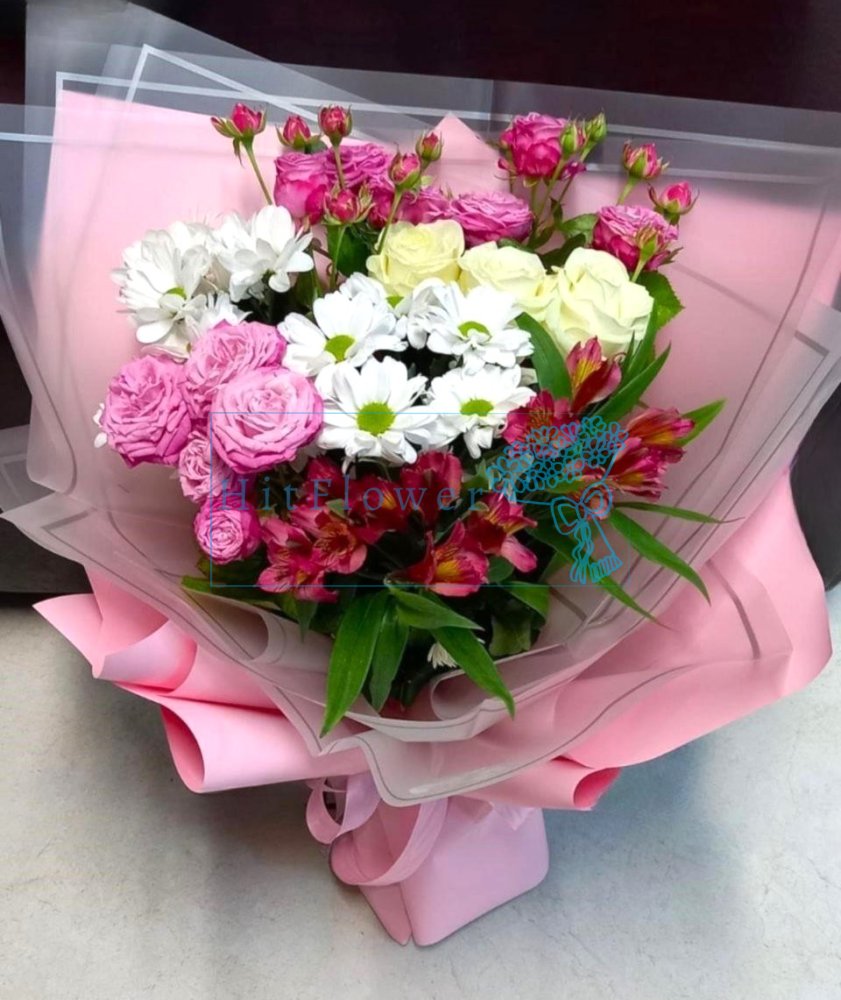 Букет цветов из: Хризантемы, Розы и Альстромерии